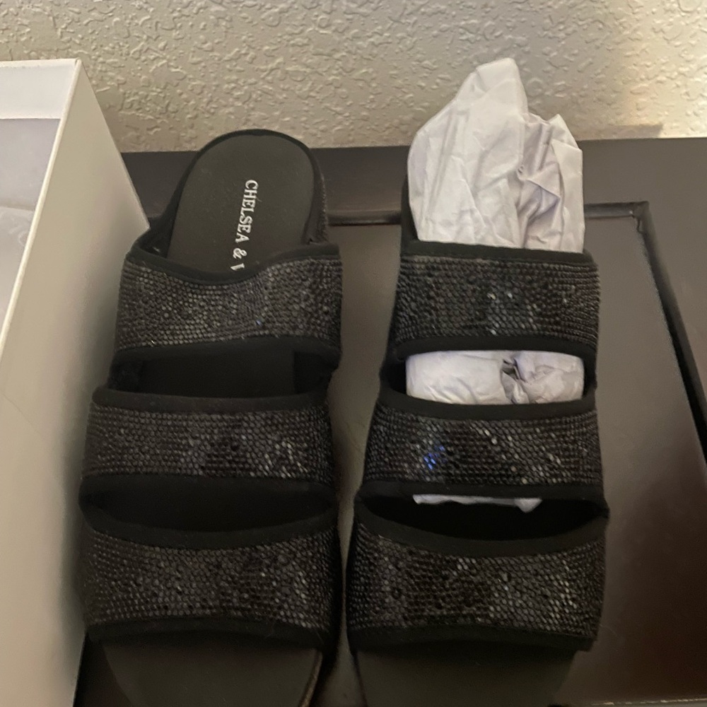 Chelsea & Violet Glittery Black Slide Sandals